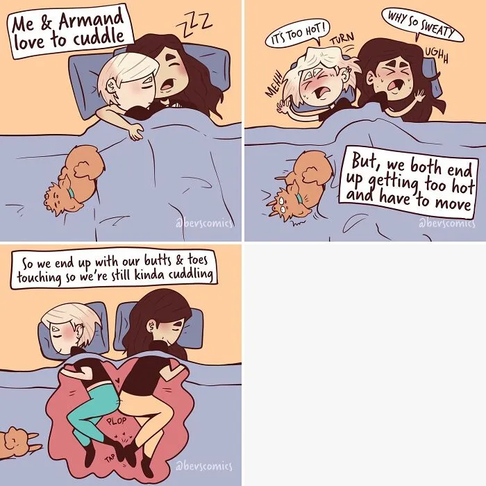 A relatable comic depicting a couple's cuddling struggle due to heat, finding a solution by touching butts and toes, a quirky life moment.