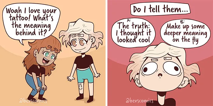 Artist captures life's quirks: a relatable comic about contemplating whether to invent a deep meaning for a tattoo.