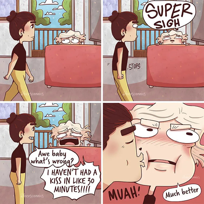 This artist's relatable comics showcase life's quirks, including a partner craving affection after a short time.