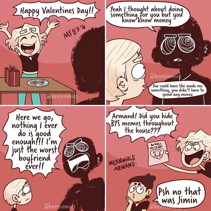 Artist captures relatable comics about relationships, highlighting life's quirks in a funny Valentine's Day scenario.