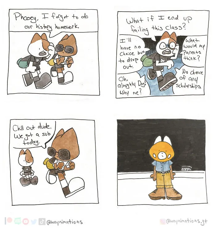 Comic strip featuring slice-of-life characters dealing with school stress and relief, inspired by personal experiences.