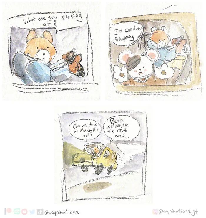 Watercolor slice-of-life comics featuring cartoon animals in everyday situations inspired by personal experiences.