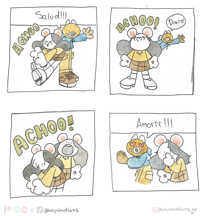 Cute slice-of-life comic panels showing characters sneezing and expressing affection in a humorous, inspired-by-experience style.