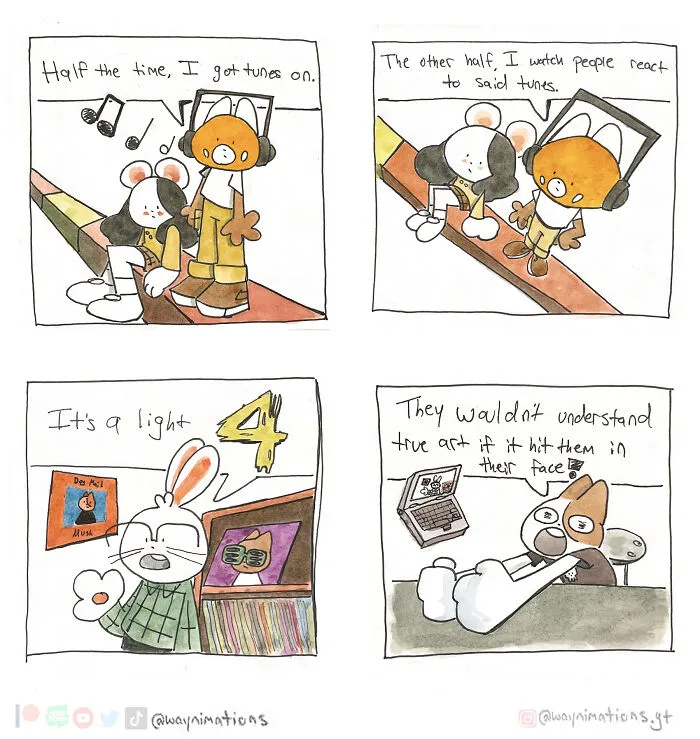 Watercolor slice-of-life comics depicting characters listening to music and reflecting on art and reactions.
