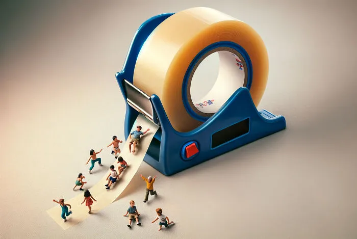 Tiny People Are Sliding On A Strip Of Clear Tape