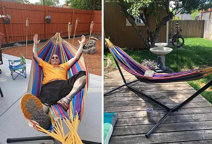 <span style="font:inherit;color:#d74b1f;"> A Double Cotton Hammock With Stand</span> For Those Lazy Sundays You Want To Spend Just ~Hanging Out~ In Your Backyard