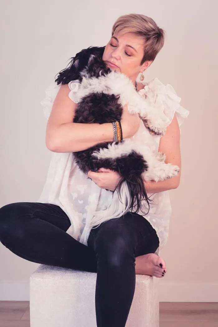 Bichon Cross Tibetan Spaniel Max Cuddles With Me In A Self-Portrait. He Loves To Rest His Head On My Shoulder Like A Baby