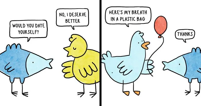 32 Comics Featuring The Character Birdfish, Inspired By My Friends And The Conversations I Have With Them (New Pics)