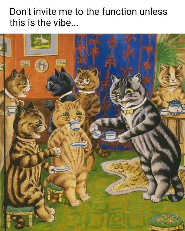 A painting depicts several cats having a tea party, an image perfectly suited for funny memes.