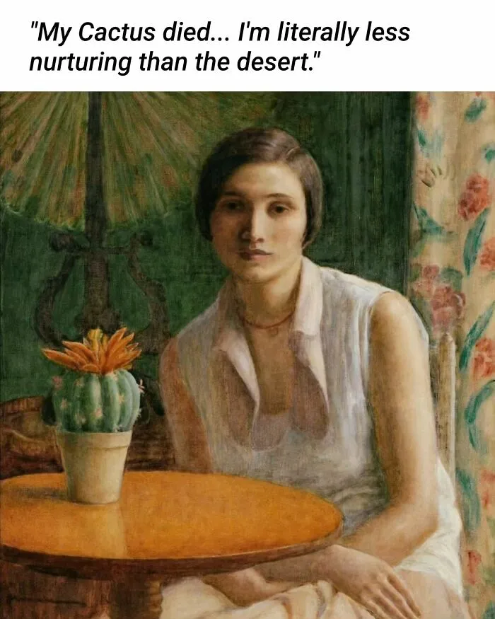 A painting of a woman sitting next to a potted cactus, perfect for a meme about nurturing.