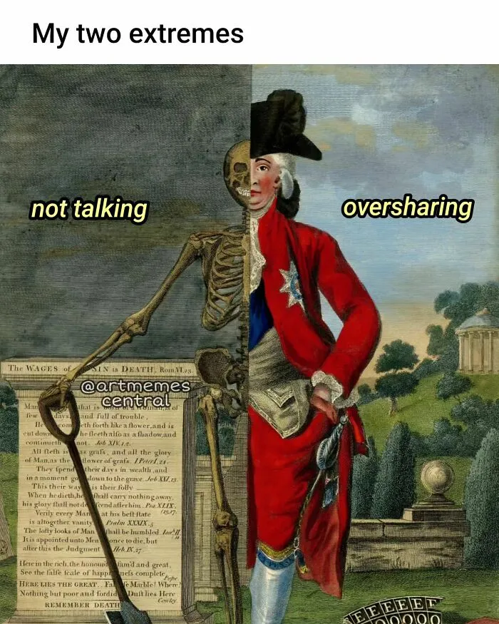 A painting perfectly suited for memes depicting a man half-skeleton, half-gentleman, illustrating not talking and oversharing.