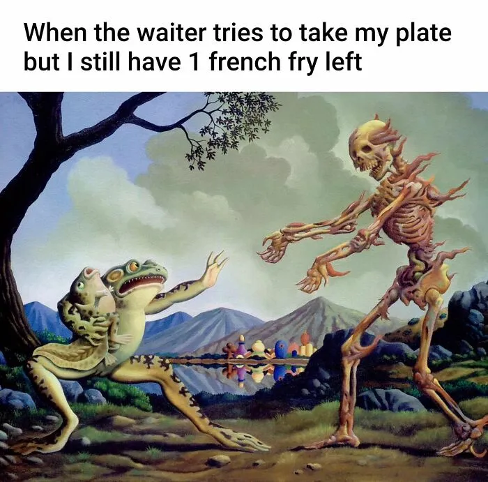 A humorous painting perfectly suited for memes depicts a frog defending a french fry from a skeleton.