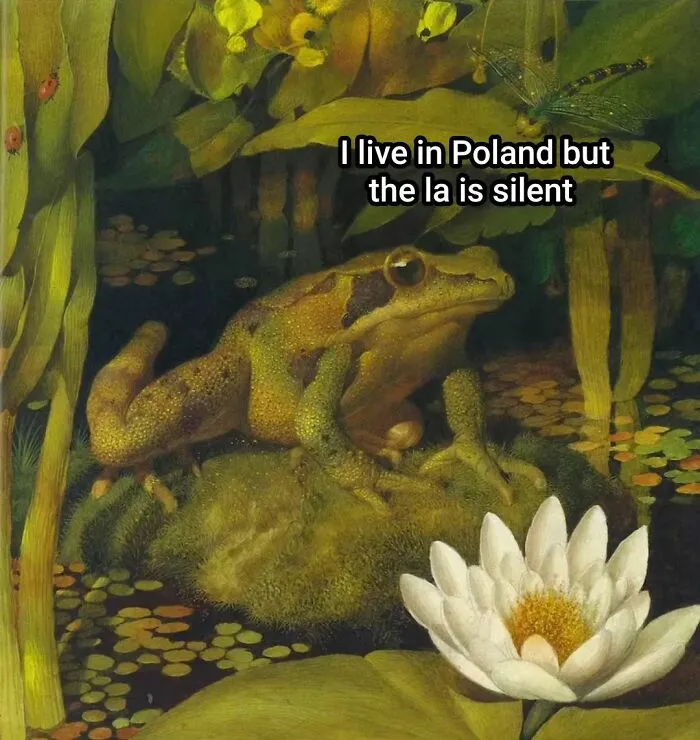 A painting perfectly suited for memes features a large frog on a lily pad in a pond with a white lily, and text about living in 'Pond'.