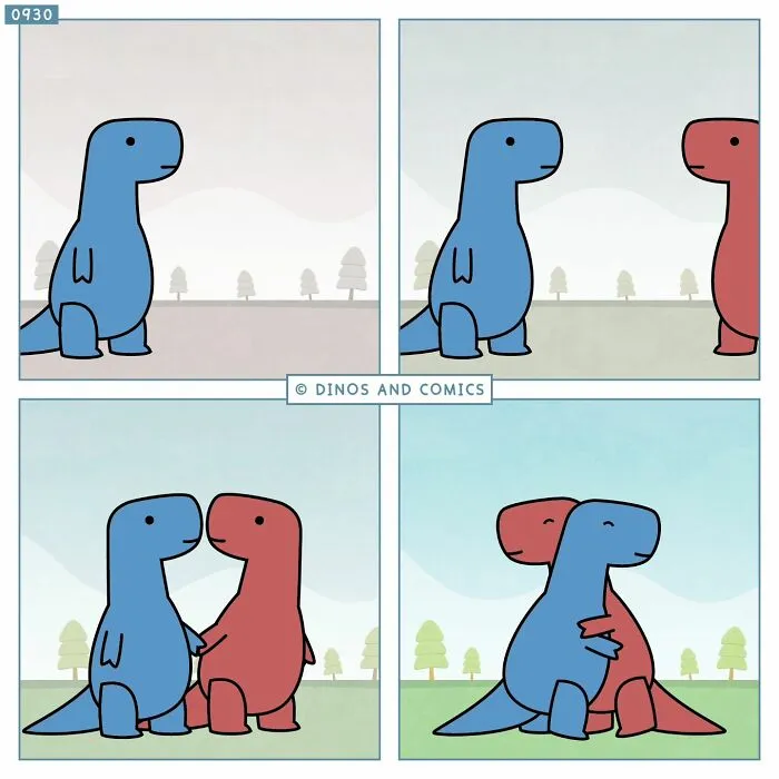 A Dinosaur Couch comic depicting a blue and red dinosaur embracing, exploring complex emotions.