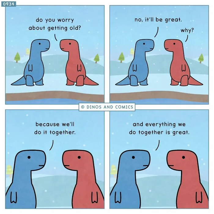 A Dinosaur Couch comic about dinosaurs discussing getting old together, exploring complex emotions and mental health.