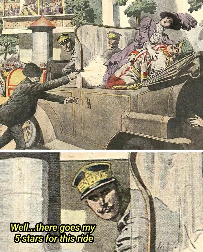 A painting showing an assassination attempt in a car, with a soldier peeking around a corner, for memes.
