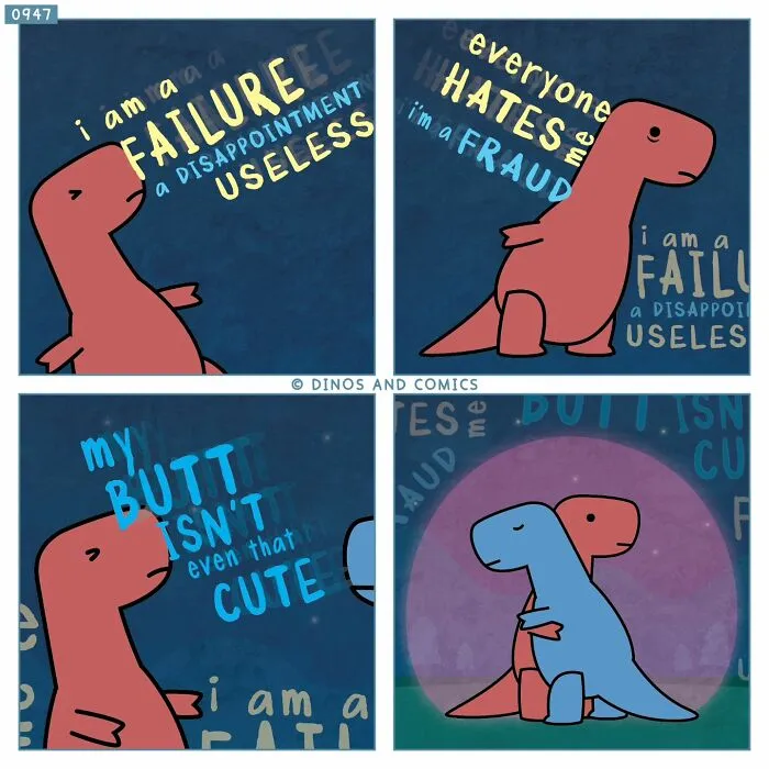 This Dinosaur Couch comic explores complex emotions and mental health, showing a dinosaur feeling like a failure, then comforted by another.