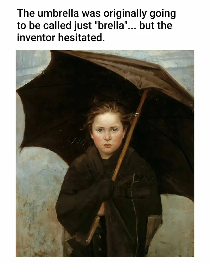 A painting of a child holding an umbrella with a meme overlay, perfectly suited for funny memes.