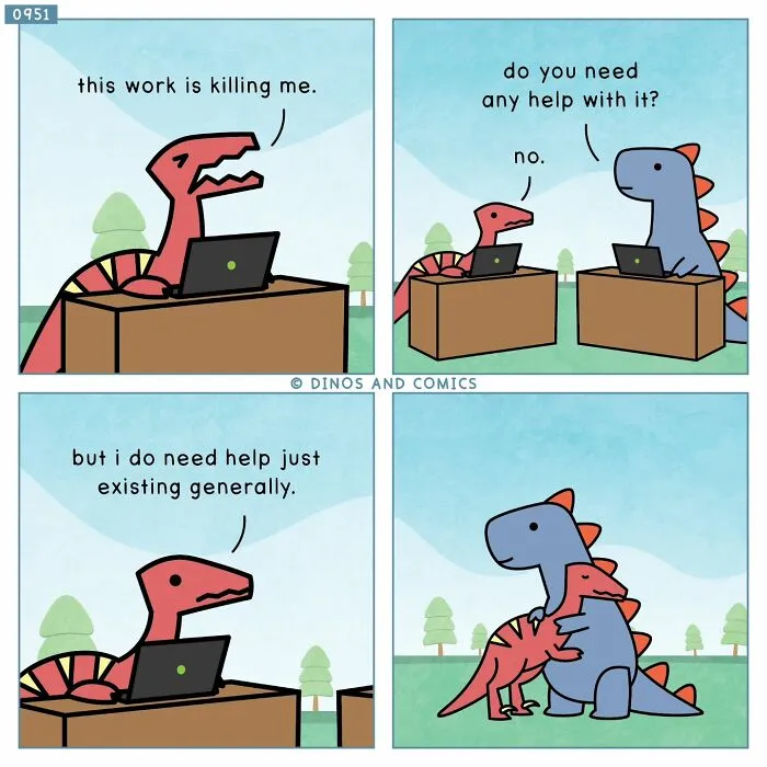 A dinosaur couch comic where a red dinosaur needs help existing and a blue dinosaur offers a hug, exploring complex emotions and mental health.