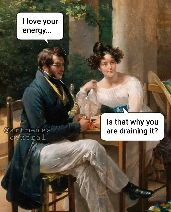 A painting of a man and woman conversing with speech bubbles, a perfect painting for memes.