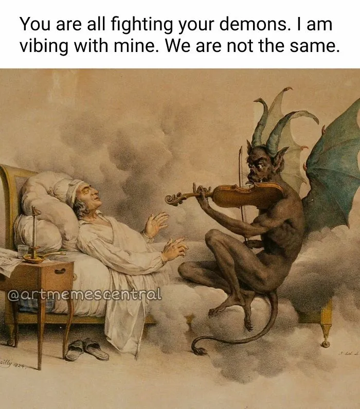 A painting of a man in bed with a demon playing a violin, a painting perfectly suited for memes.
