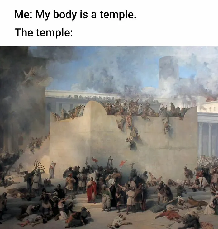 A painting of a chaotic scene with many people falling from a temple, perfectly suited for memes.