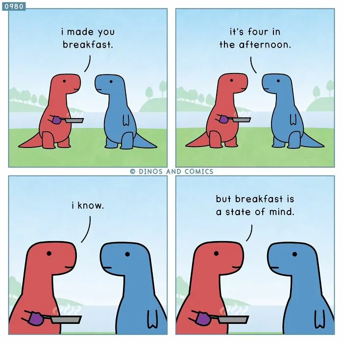 A Dinosaur Couch comic with a red dinosaur offering breakfast to a blue dinosaur, exploring complex emotions.