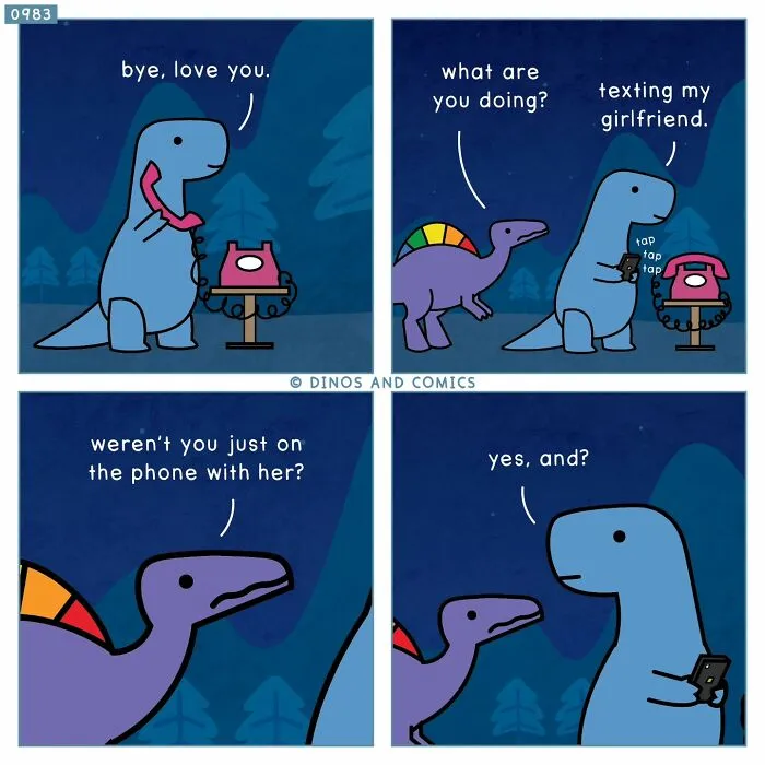 A Dinosaur Couch comic exploring complex emotions, showing a blue dinosaur talking on the phone and texting his girlfriend.