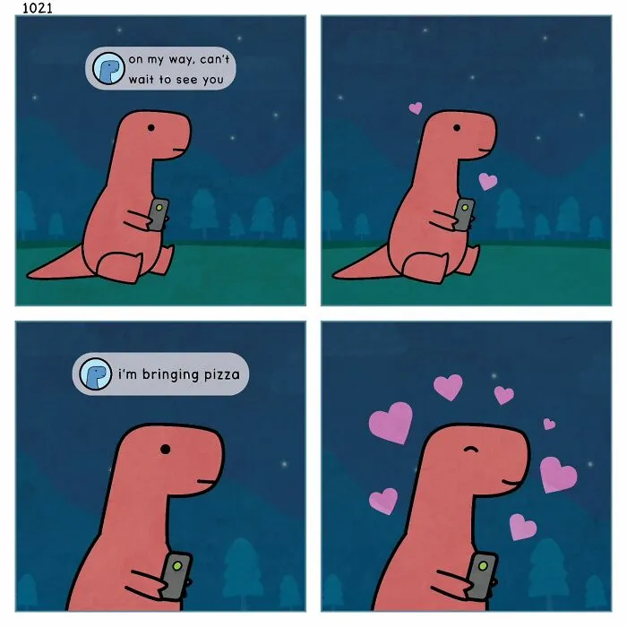 A Dinosaur Couch comic about complex emotions, with a red dinosaur getting happy messages about pizza on a phone.