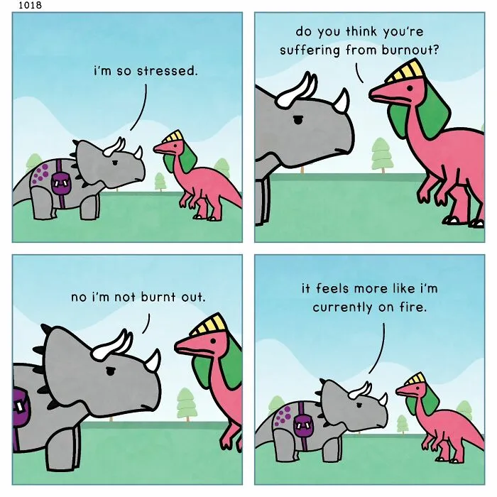 A dinosaur couch comic showing two dinosaurs discussing burnout and mental health, one feeling stressed and on fire.