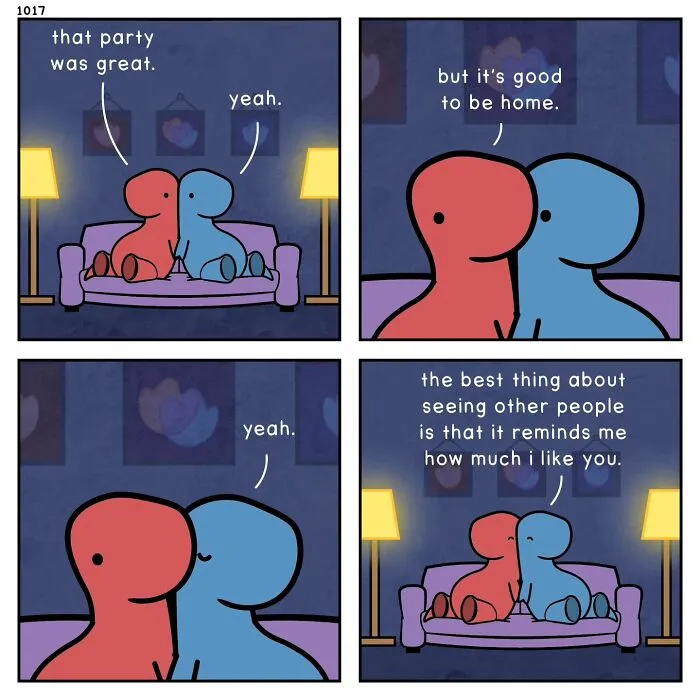 A Dinosaur Couch comic featuring a red and blue dinosaur on a couch, highlighting complex emotions.