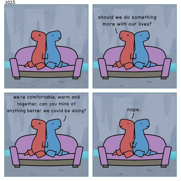 A Dinosaur Couch comic featuring two dinosaurs comfortably on a couch, discussing their lives, reflecting complex emotions and mental health.