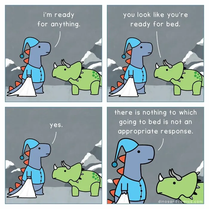 A Dinosaur Couch comic showing two dinosaurs discussing readiness for bed, a relatable take on mental health and complex emotions.