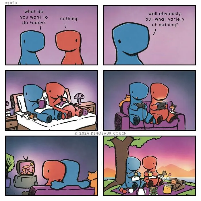 A Dinosaur Couch comic illustrating complex emotions and mental health through various scenarios of doing nothing.