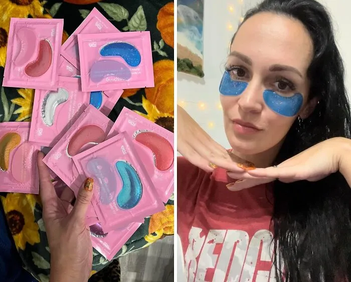 Colorful under-eye gel patches in pink packets and a woman wearing blue gel patches, a popular Mother's Day splurge gift idea.