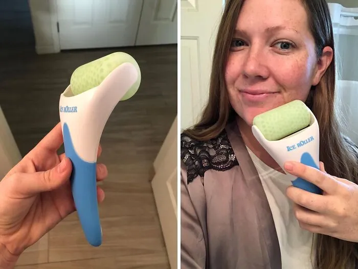 Woman holding an ice roller facial tool, a popular Mother's Day splurge for self-care and skincare pampering.