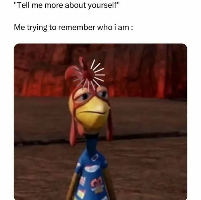 Animated chicken character with loading symbol above head, representing an introvert trying to remember who they are.