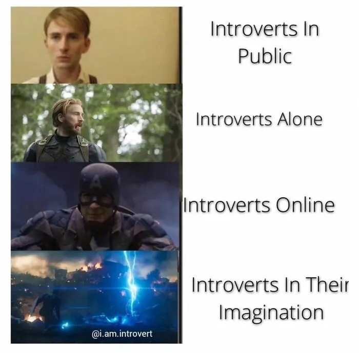Meme showing different introvert personas in public, alone, online, and in their imagination with Marvel superhero scenes.