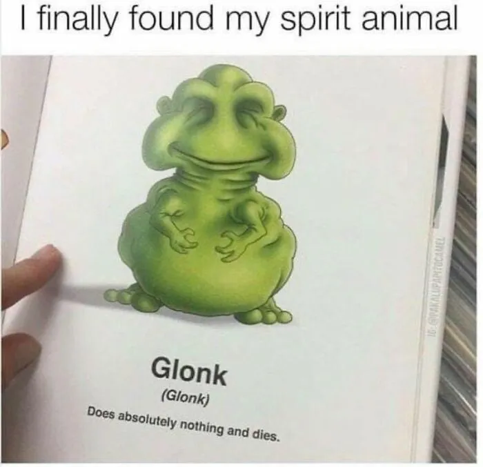 A winning introvert shares a relatable meme featuring a green creature named Glonk who does nothing and dies.