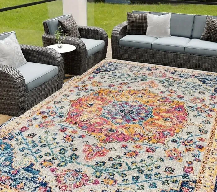 Boho Chic Underfoot: <span Style="Font:inherit;color:#d74b1f;"> Vintage-Style Outdoor Rug </Span> For Glamping Or Patios!