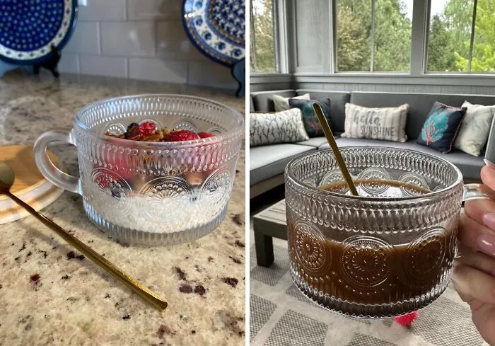 Morning Charm: <span Style="Font:inherit;color:#d74b1f;"> Embossed Glass Mugs With Lids & Spoons</Span> For Coffee And Oats!