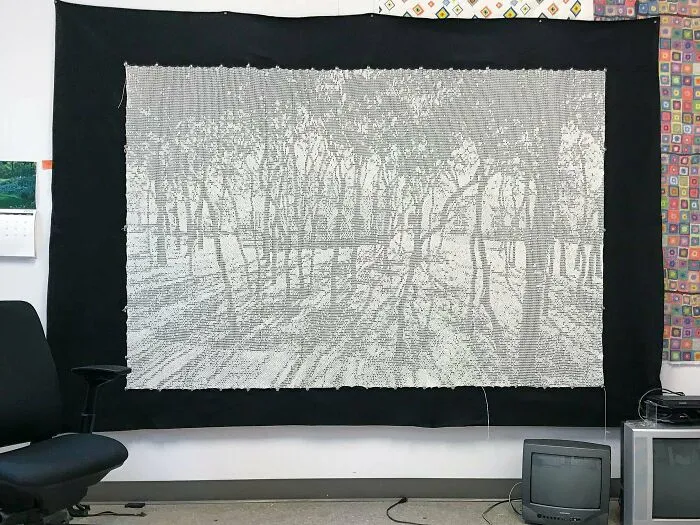 Some Years Ago I Made A Filet Crochet Tapestry Based On A Google Street View Image Of The Hospice Facility Where My Mom Passed Away In 2006. Cotton, 84" X 56"