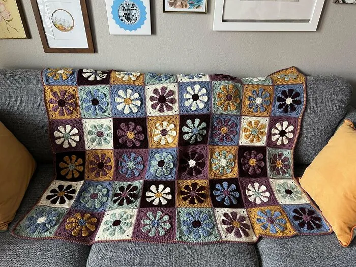 If You’ll Indulge Another Daisy Blanket, I Learned To Crochet With This Square In Feb And Am Finally Finished With My First Big Project!