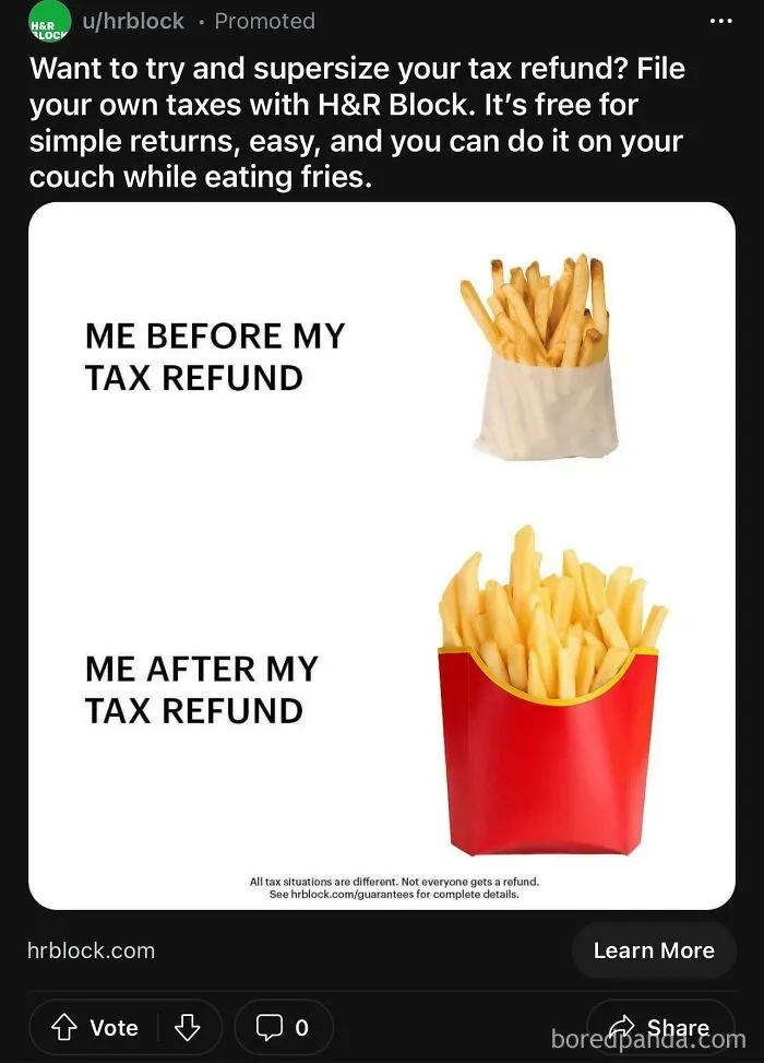 Tax refund comparison with small and large fries for H&R Block ad