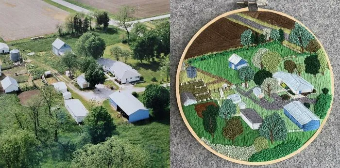 I Embroidered A Picture Of My Grandma’s Farm To Gift Her For Christmas