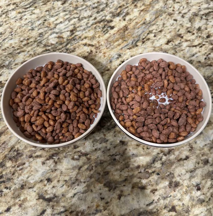Izquierda: leche y luego cereales. Derecha: cereales y luego leche