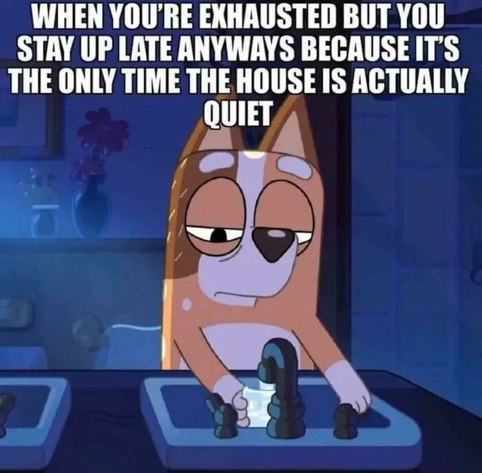 Cartoon dog looking tired filling a glass of water late at night, capturing the goofy dad life moment.