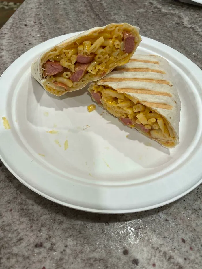 Seems Like Stupid Food, But The Kids Love It. Kraft Mac &amp; Cheese With Hot Dogs. Wrapped In A Tortilla, Grilled In A Panini Press