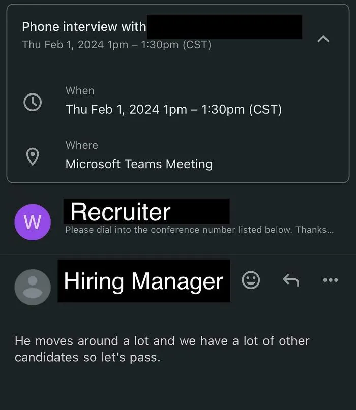 Screenshot of a Microsoft Teams meeting invitation with recruitment messages discussing passing on a candidate.