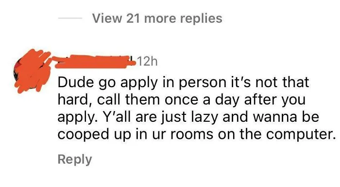 Social media comment criticizing online job hunting, suggesting in-person applications instead.
